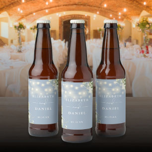 Dusty Blue String Lights Floral Greenery Wedding Beer Bottle Label