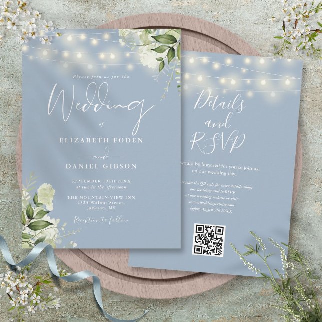 Dusty Blue String Lights Floral QR Code Wedding Invitation (Dusty Blue String Lights Floral QR Code Wedding Invitation)