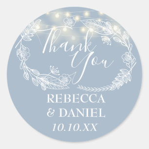 Dusty Blue String Lights Floral Thank You Classic Round Sticker