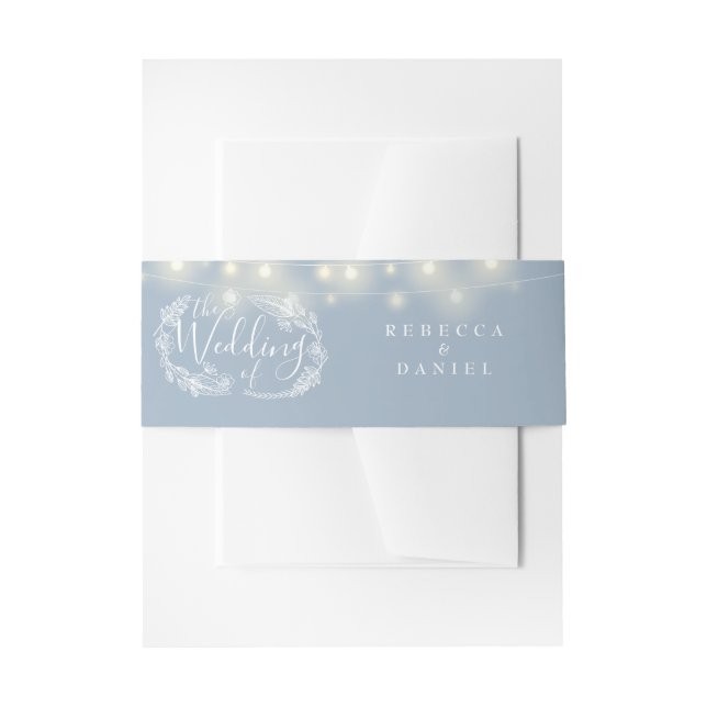 Dusty Blue String Lights Floral Wedding Invitation Belly Band (Front Example)