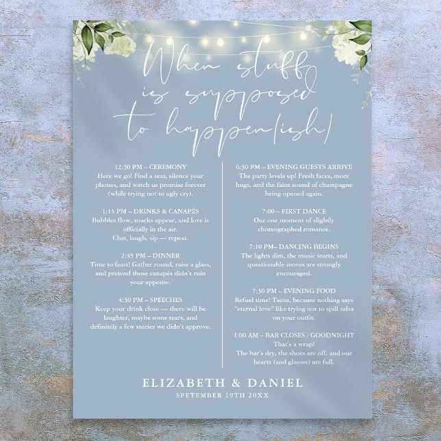 Dusty Blue String Lights Floral Wedding Itinerary Poster (Dusty Blue String Lights Floral Wedding Itinerary Poster)