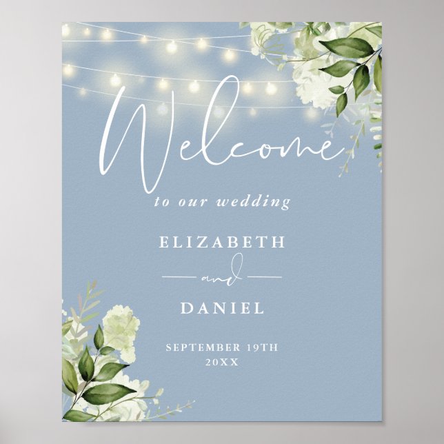 Dusty Blue String Lights Floral Wedding Welcome Poster (Front)