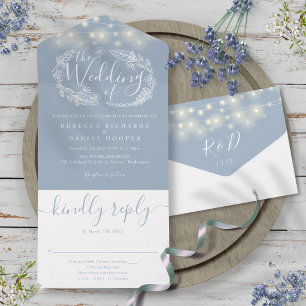 Dusty Blue String Lights Foliage Floral Wedding All In One Invitation