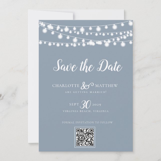 Dusty Blue  String Lights Modern Script Save the Date (Front)