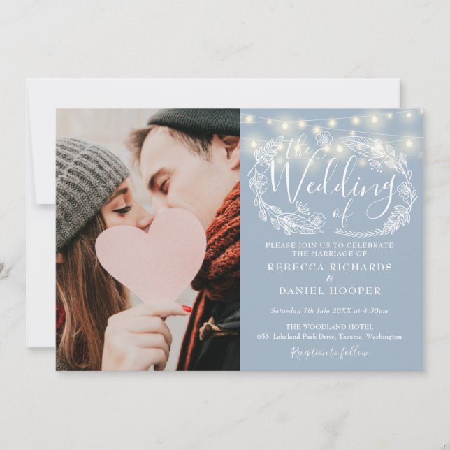 Dusty Blue String Lights Photo All In One Wedding Invitation (Front)