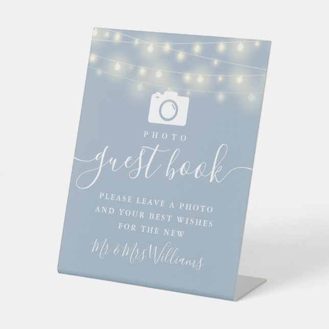 Dusty Blue String Lights Photo Guest Book Pedestal Sign (Front)