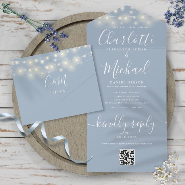 Dusty Blue String Lights QR Code Monogram Wedding  All In One Invitation (Creator Uploaded)