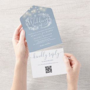 Dusty Blue String Lights QR Code Wedding All In One Invitation