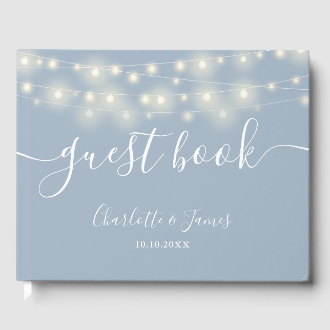 Dusty Blue String Lights Signature Script Wedding Guest Book (Front)