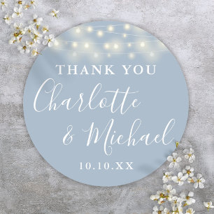 Dusty Blue String Lights Wedding Favour Thank You  Classic Round Sticker