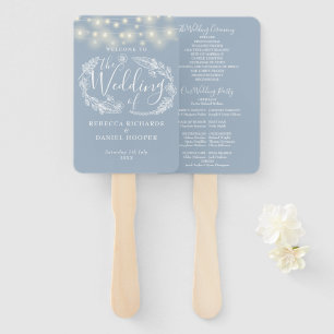 Dusty Blue String Lights Wedding Program Hand Fan