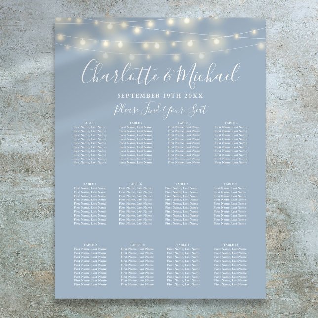 Dusty Blue String Lights Wedding Seating Chart (Dusty Blue String Lights Wedding Seating Chart)