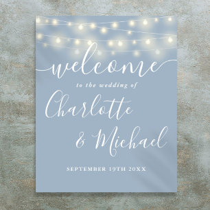 Dusty Blue String Lights Wedding Welcome Sign