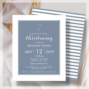 Dusty Blue Stripe   Christening Budget Invitation
