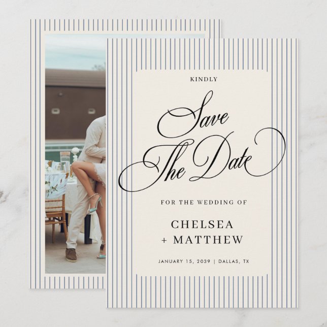 Dusty Blue Stripe Classic Script & Photo Wedding Save The Date (Front/Back)