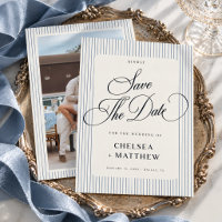 Dusty Blue Stripe Classic Script & Photo Wedding
