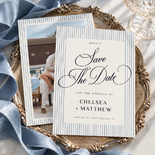 Dusty Blue Stripe Classic Script & Photo Wedding Save The Date
