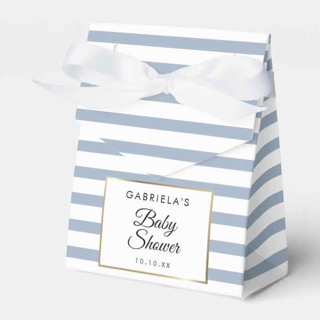 Dusty Blue Stripe Elegant Gold Baby Shower Favour Box (Front Side)