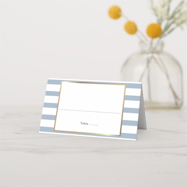 Dusty Blue Stripe Wedding | Faux Gold Foil  Place Card (Front)