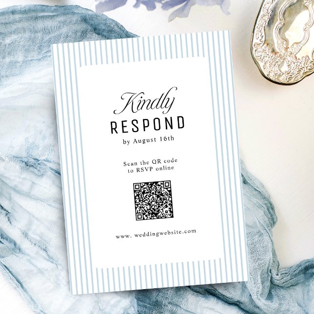 Dusty Blue Striped Elegance Classy QR Code Wedding RSVP Card (Dusty Blue Striped Elegance Classy QR Code Wedding RSVP Card)