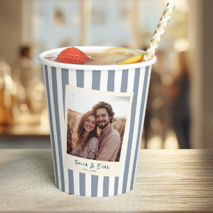Dusty Blue Striped Fun Retro  Engagement Photo Paper Cups