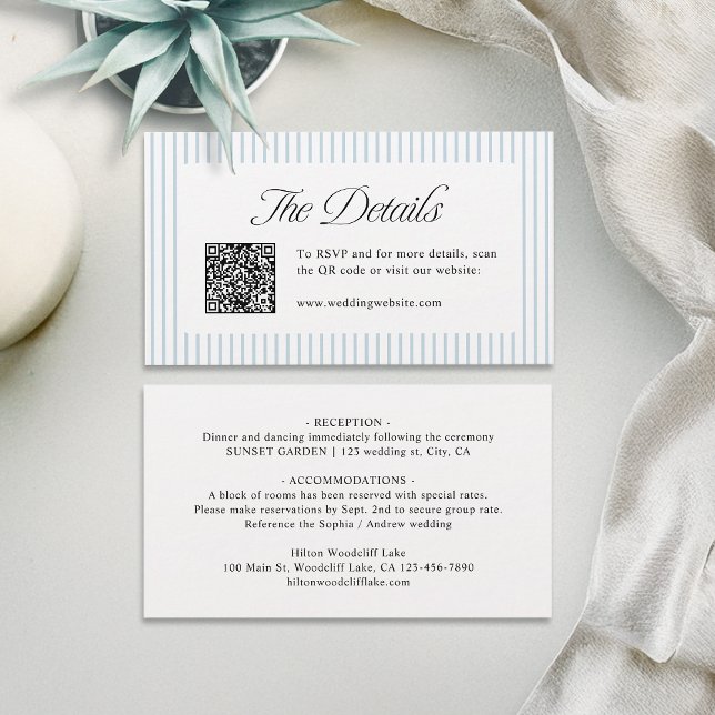 Dusty Blue Striped QR Code Classy Wedding Details Place Card (Dusty Blue Striped QR Code Classy Wedding Details Place Card)