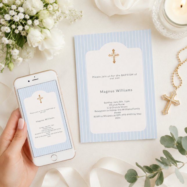 Dusty blue stripes boy  Baptism Invitation (Creator Uploaded)