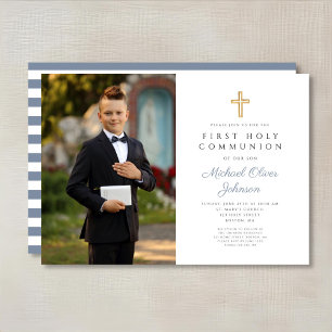 Dusty Blue Stripes Cross Boy Photo First Communion Invitation