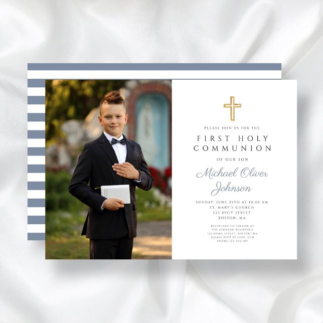 Dusty Blue Stripes Cross Boy Photo First Communion Invitation (Dusty Blue Stripes Cross Boy Photo First Communion Invitation)