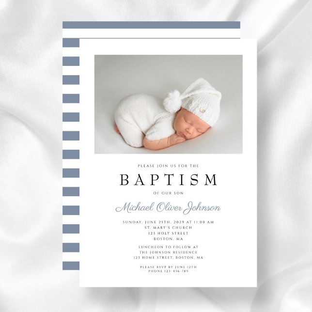 Dusty Blue Stripes Elegant Photo Boy Baptism Invitation (Dusty Blue Stripes Elegant Photo Boy Baptism Invitation)