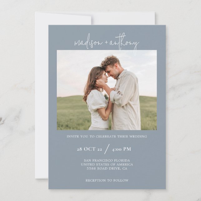 Dusty Blue Stylish Script with Photo Wedding  Invitation (Front)