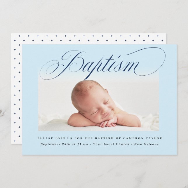 Dusty Blue Subtle Cross Script Baptism Photo Boy Invitation (Front/Back)
