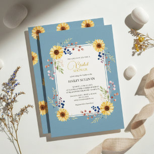 Dusty Blue Sunflower Bridal Shower Gold Frame Invitation