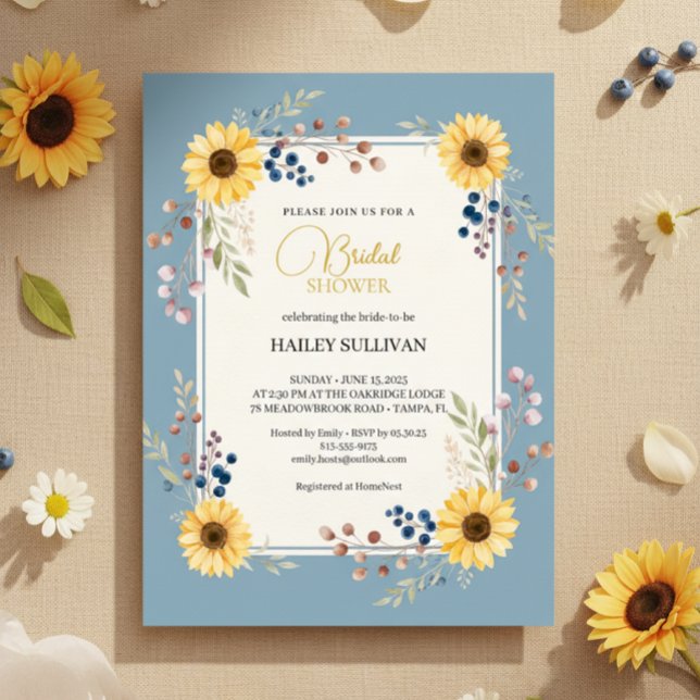 Dusty Blue Sunflower Bridal Shower Gold Frame Invitation (Dusty Blue Sunflower Frame)