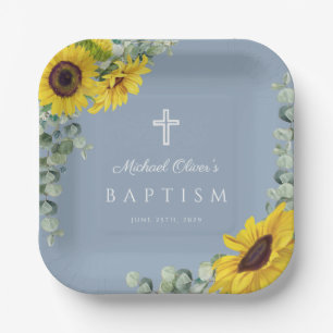Dusty Blue Sunflower Eucalyptus Religious Baptism Paper Plate