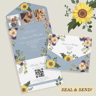 Dusty Blue Sunflower Floral Wedding All In One Invitation