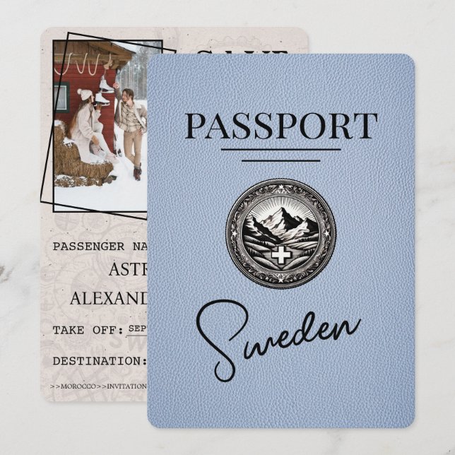 Dusty Blue Sweden Passport Save The Date (Front/Back)