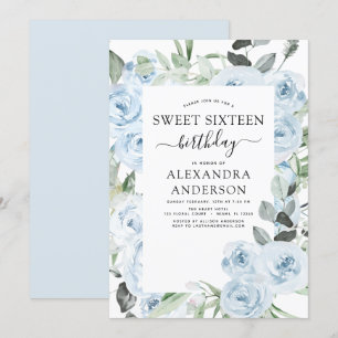 Dusty Blue Sweet Sixteen Birthday Party Invitation