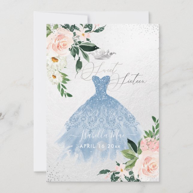 Dusty Blue Sweet Sixteen Blush Watercolor Flowers Invitation (Front)