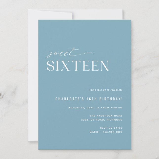Dusty Blue Sweet Sixteen | Simple 16th Birthday Invitation (Front)