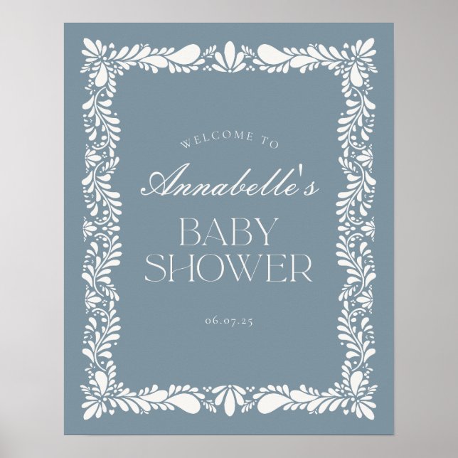 Dusty Blue Talavera Fiesta Baby Shower Welcome Poster (Front)