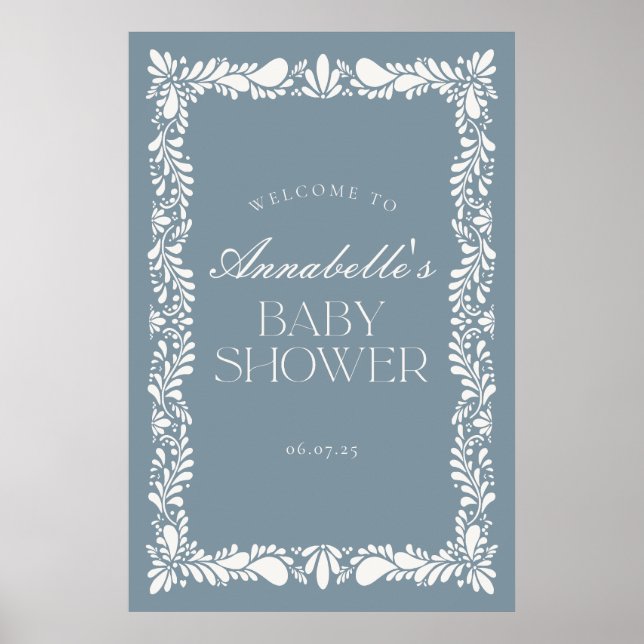 Dusty Blue Talavera Fiesta Baby Shower Welcome Poster (Front)
