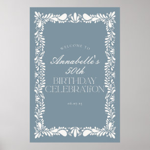 Dusty Blue Talavera Fiesta Birthday Party Welcome Poster