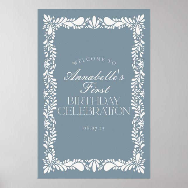 Dusty Blue Talavera Fiesta Birthday Party Welcome Poster (Front)