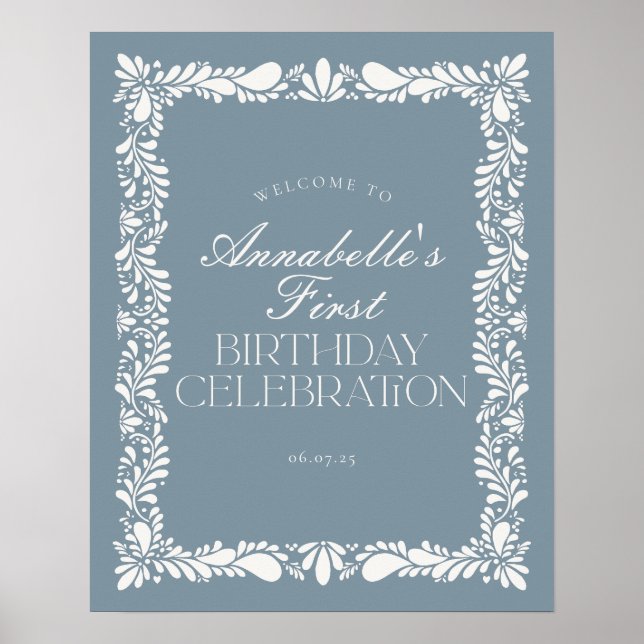 Dusty Blue Talavera Fiesta Birthday Welcome Poster (Front)