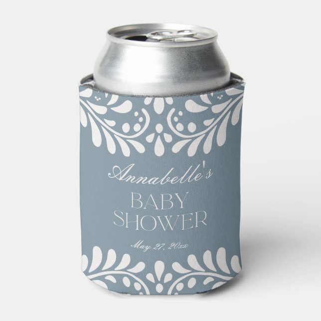 Dusty Blue Talavera Spanish Fiesta Baby Shower Can Cooler (Can Front)