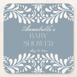 Dusty Blue Talavera Spanish Fiesta Boy Baby Shower Square Paper Coaster