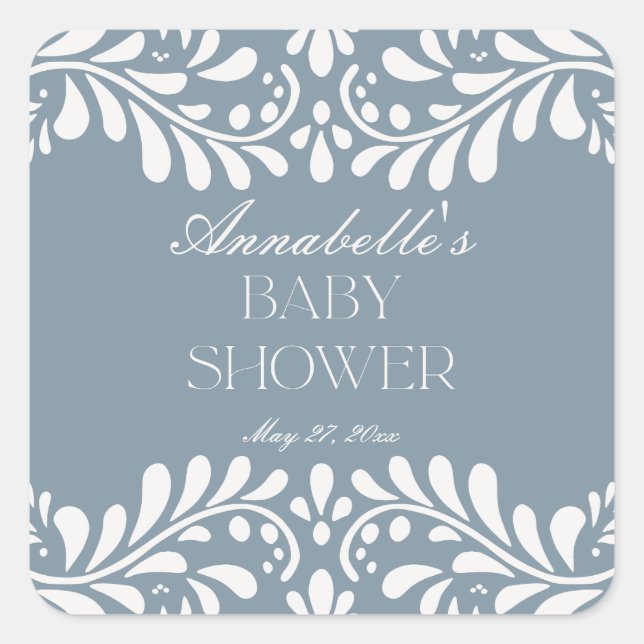 Dusty Blue Talavera Spanish Fiesta Boy Baby Shower Square Sticker (Front)