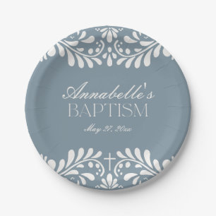 Dusty Blue Talavera Spanish Fiesta Boy Baptism Paper Plate