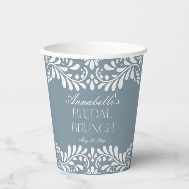 Dusty Blue Talavera Spanish Fiesta Bridal Brunch Paper Cups (Front)